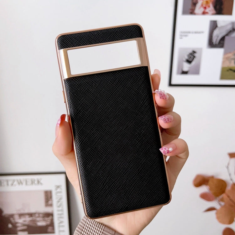 For Google Pixel 6 Nano Electroplating Cross Texture Genuine Leather Phone Case(Black)