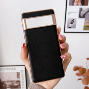 For Google Pixel 6 Nano Electroplating Cross Texture Genuine Leather Phone Case(Black)