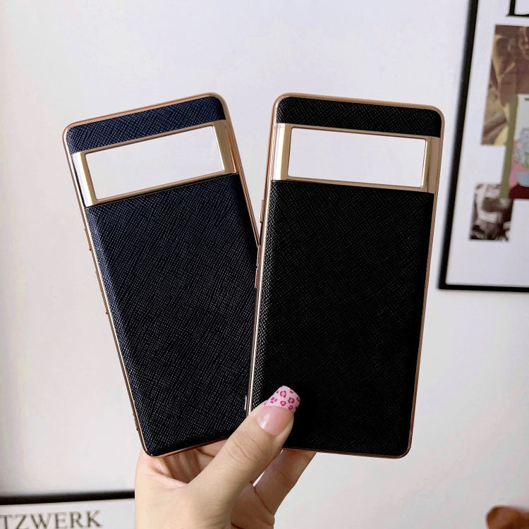 For Google Pixel 6 Nano Electroplating Cross Texture Genuine Leather Phone Case(Green)