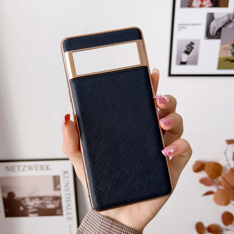 For Google Pixel 7 5G Nano Electroplating Cross Texture Genuine Leather Phone Case(Blue)