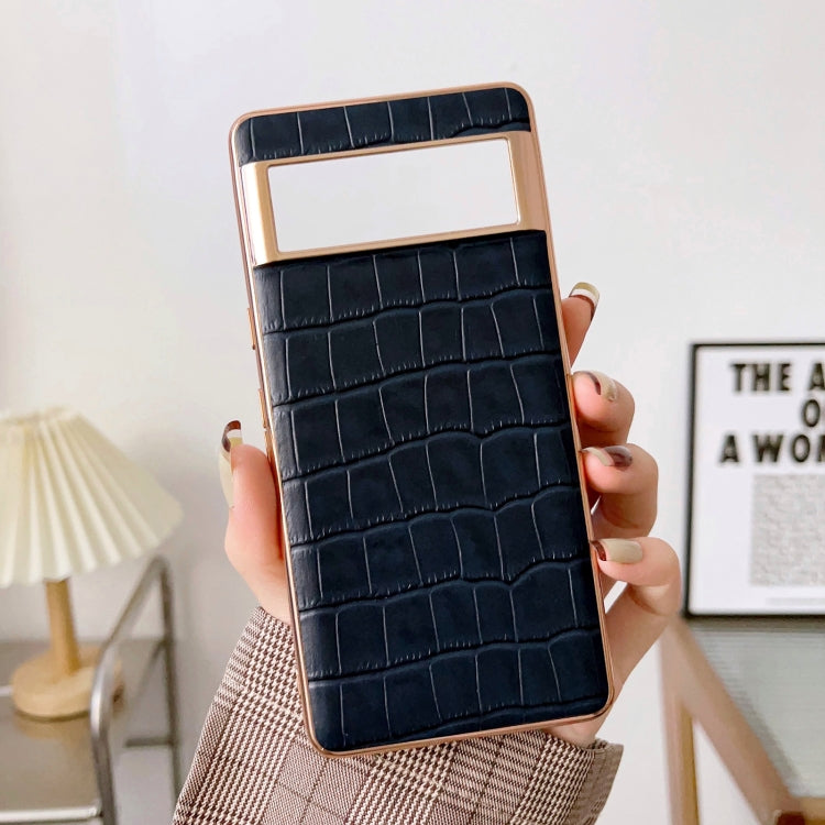 For Google Pixel 7 Crocodile Texture Genuine Leather Electroplating Phone Case(Blue)