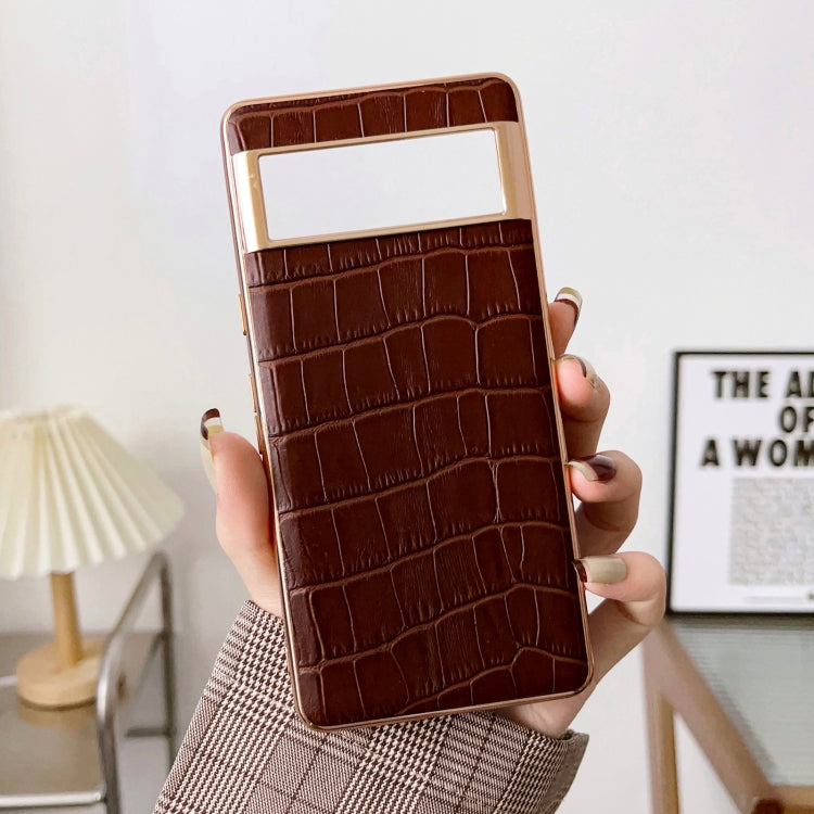 For Google Pixel 6 Pro Crocodile Texture Genuine Leather Electroplating Phone Case(Brown)