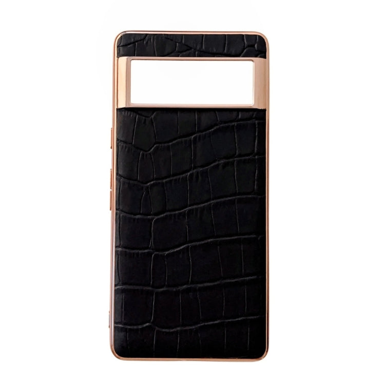 For Google Pixel 6a Crocodile Texture Genuine Leather Electroplating Phone Case(Black)