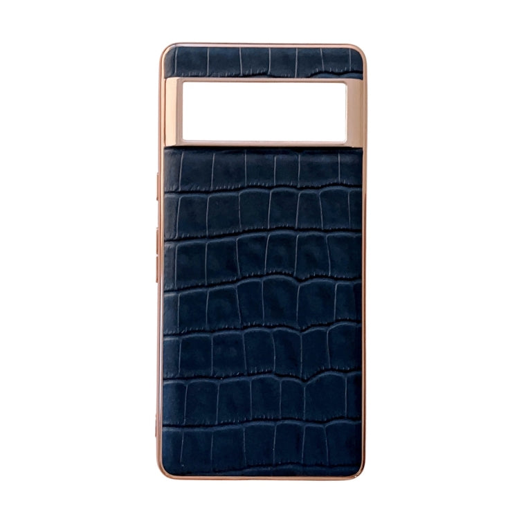 For Google Pixel 6a Crocodile Texture Genuine Leather Electroplating Phone Case(Blue)