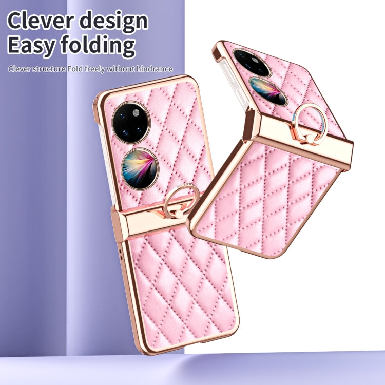 For Huawei P50 Pocket Grid Leather Pattern Electroplating Frame Folding Phone Case(Pink)