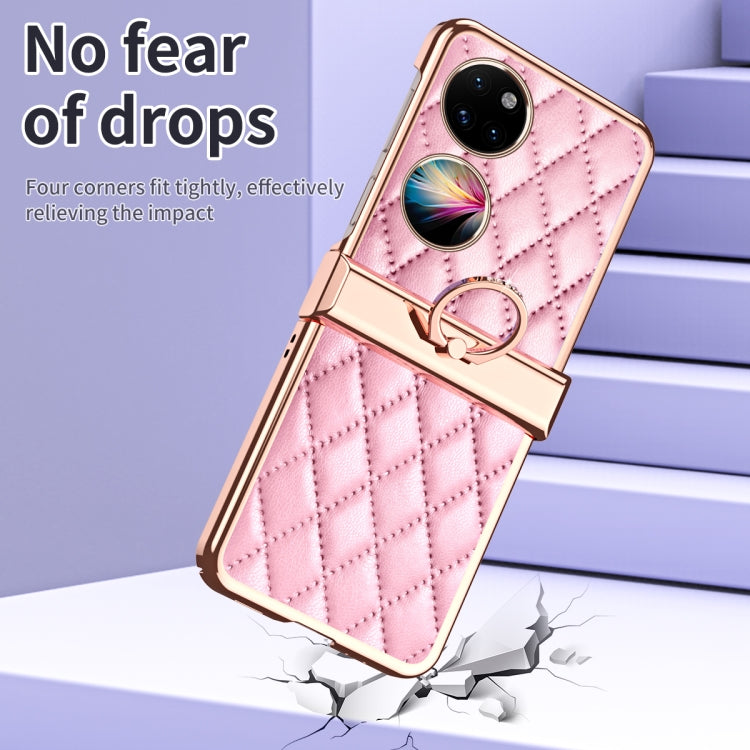For Huawei P50 Pocket Grid Leather Pattern Electroplating Frame Folding Phone Case(Pink)