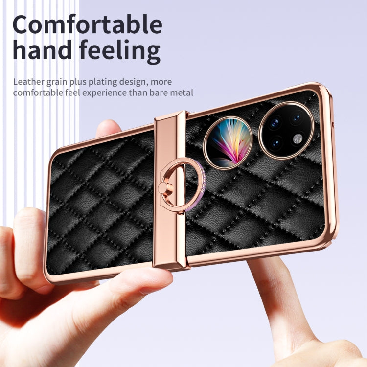 For Huawei P50 Pocket Grid Leather Pattern Electroplating Frame Folding Phone Case(Black)