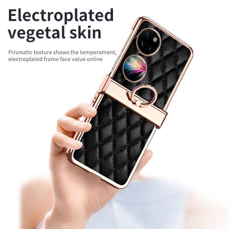 For Huawei P50 Pocket Grid Leather Pattern Electroplating Frame Folding Phone Case(Black)