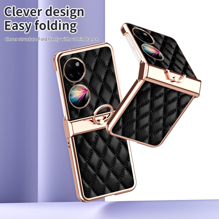 For Huawei P50 Pocket Grid Leather Pattern Electroplating Frame Folding Phone Case(Black)