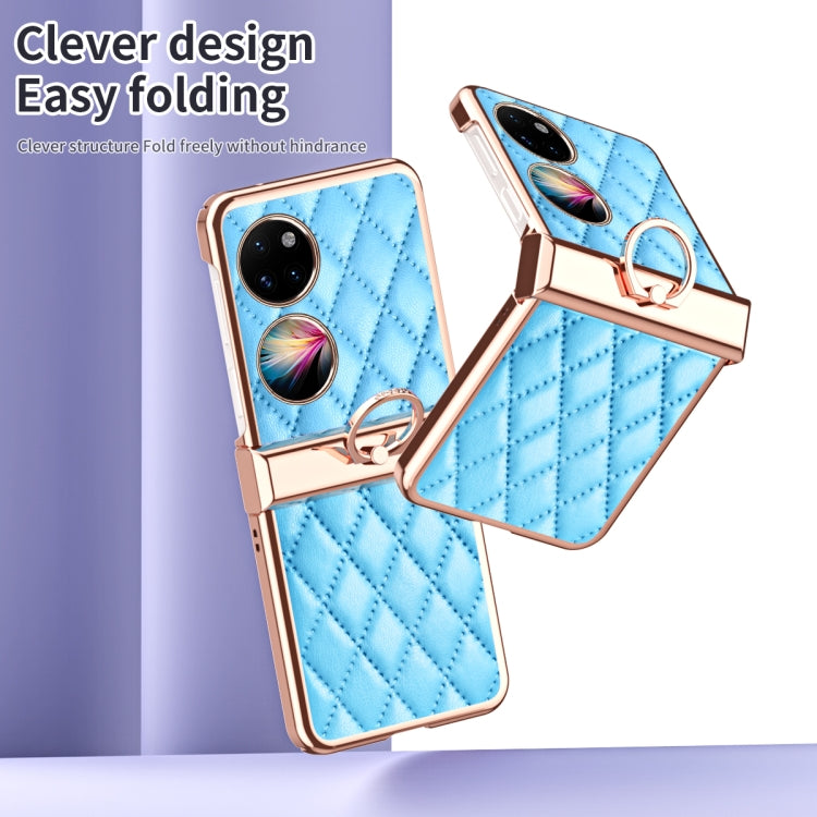 For Huawei P50 Pocket Grid Leather Pattern Electroplating Frame Folding Phone Case(Blue)