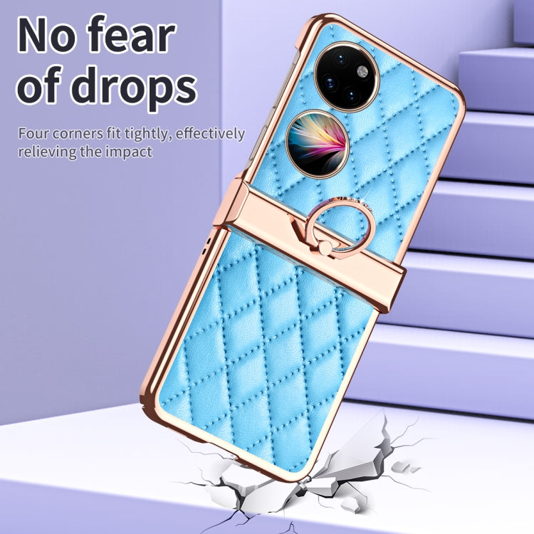 For Huawei P50 Pocket Grid Leather Pattern Electroplating Frame Folding Phone Case(Blue)