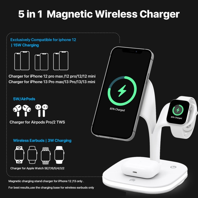 YM-UD22 15W 5 in 1 Magnetic Wireless Charger with Stand Function(White)
