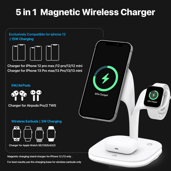 YM-UD22 15W 5 in 1 Magnetic Wireless Charger with Stand Function(White)