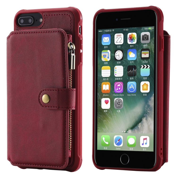 For iPhone 7 Plus / 8 Plus Zipper Shockproof Protective Case with Card Slots & Bracket & Photo Holder & Wallet Function(Red)