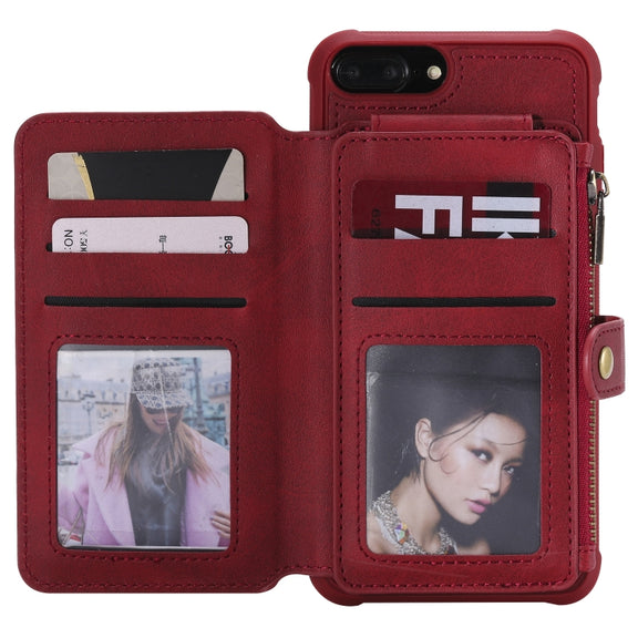 For iPhone 7 Plus / 8 Plus Zipper Shockproof Protective Case with Card Slots & Bracket & Photo Holder & Wallet Function(Red)