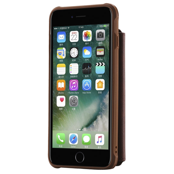 For iPhone 7 Plus / 8 Plus Zipper Shockproof Protective Case with Card Slots & Bracket & Photo Holder & Wallet Function(Coffee)