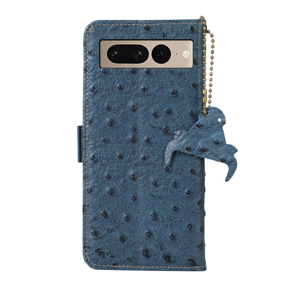 For Google Pixel 7 Ostrich Pattern Genuine Leather RFID Phone Case(Blue)