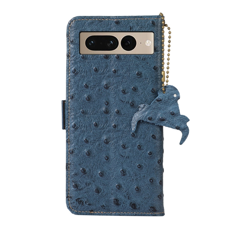 For Google Pixel 7 Ostrich Pattern Genuine Leather RFID Phone Case(Blue)