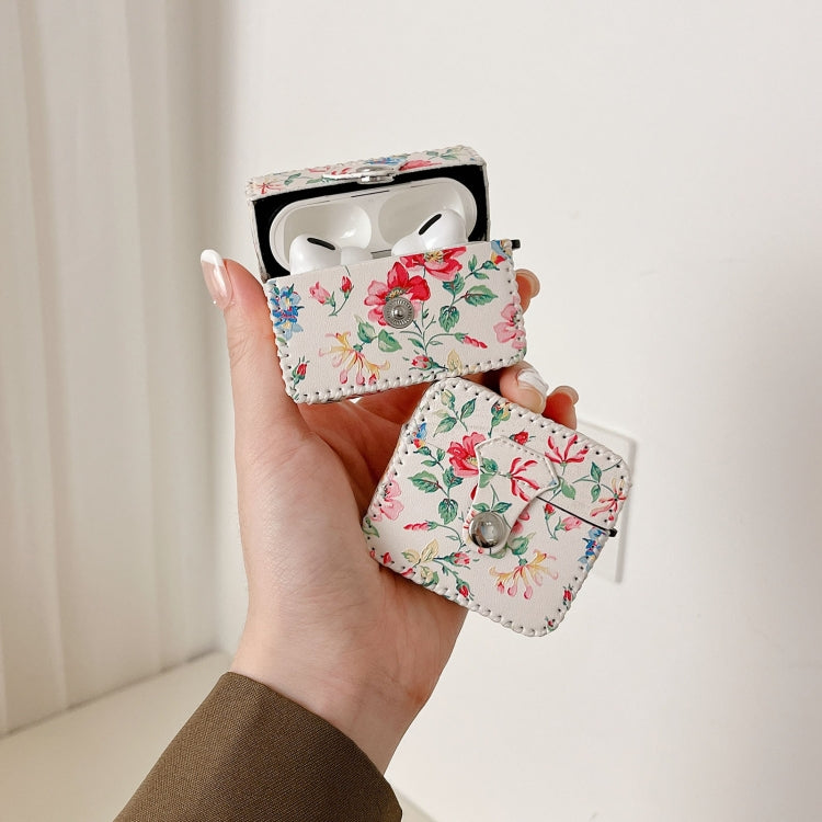 For AirPods Pro White Floral PU Leather Wireless Earphone Case