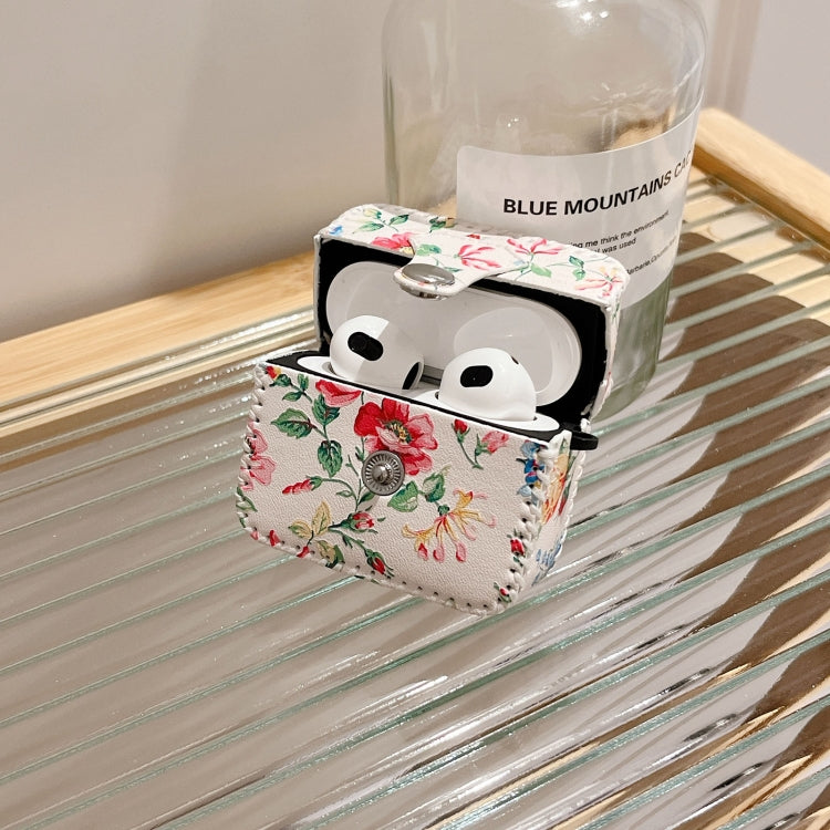 For AirPods Pro 2 White Floral PU Leather Wireless Earphone Case