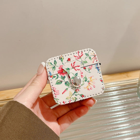 For AirPods Pro 2 White Floral PU Leather Wireless Earphone Case
