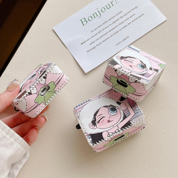For AirPods Pro Wearing Hat Girl Pattern PU Leather Wireless Earphone Case
