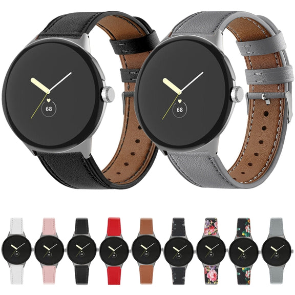For Google Pixel Watch 1 / 2 / 3 41mm Round Tail Genuine Leather Watch Band(Black White Flower)