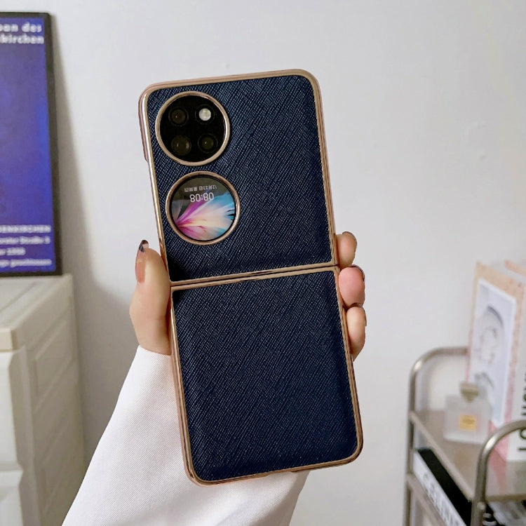 For Huawei P50 Pocket Nano Electroplating Cross Texture Genuine Leather Phone Case(Blue)