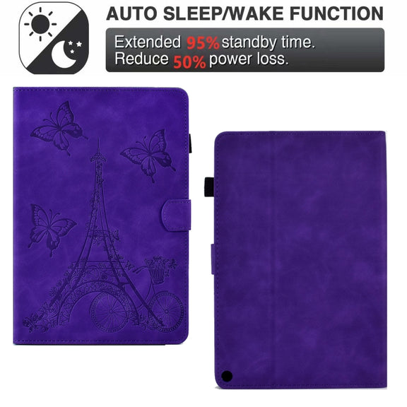 For Amazon Kindle Fire HD10 2021 Tower Embossed Leather Smart Tablet Case(Purple)