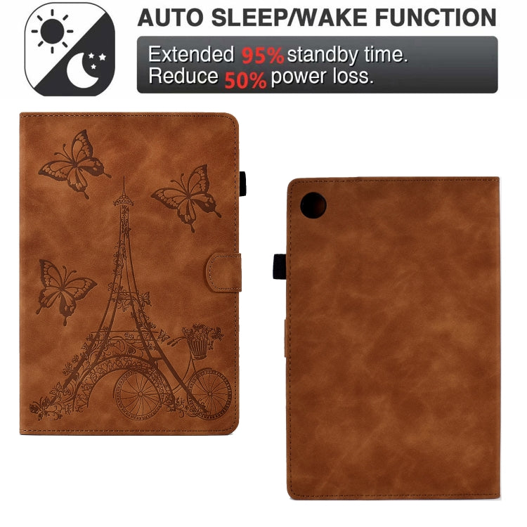 For Lenovo M10 Plus Tower Embossed Leather Smart Tablet Case(Brown)
