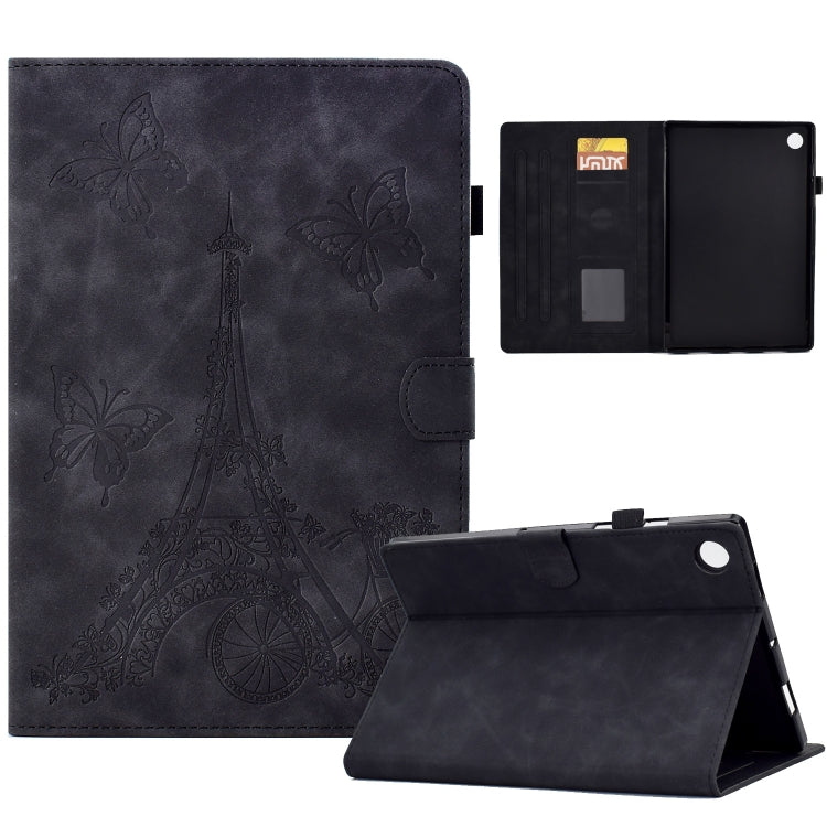 For Lenovo M10 Plus Tower Embossed Leather Smart Tablet Case(Black)