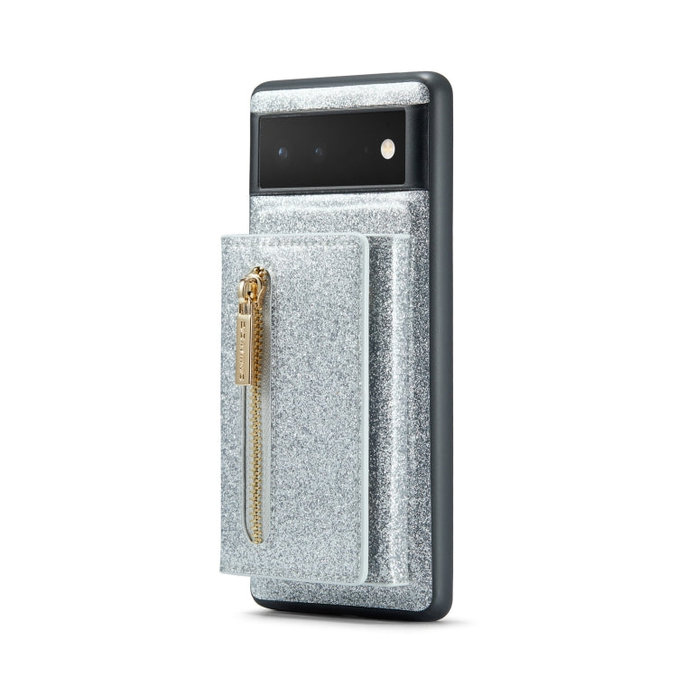 For Google Pixel 6a DG.MING M3 Series Glitter Powder Card Bag Leather Case(Silver)