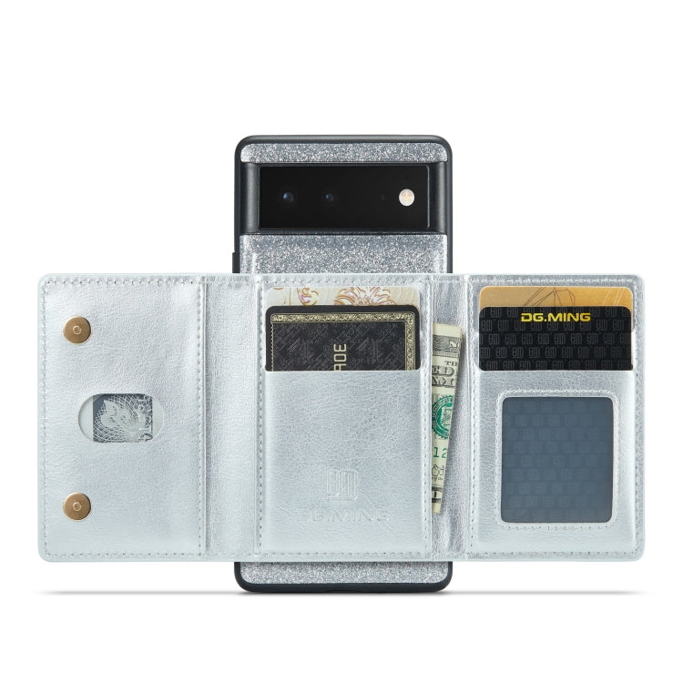 For Google Pixel 6a DG.MING M3 Series Glitter Powder Card Bag Leather Case(Silver)
