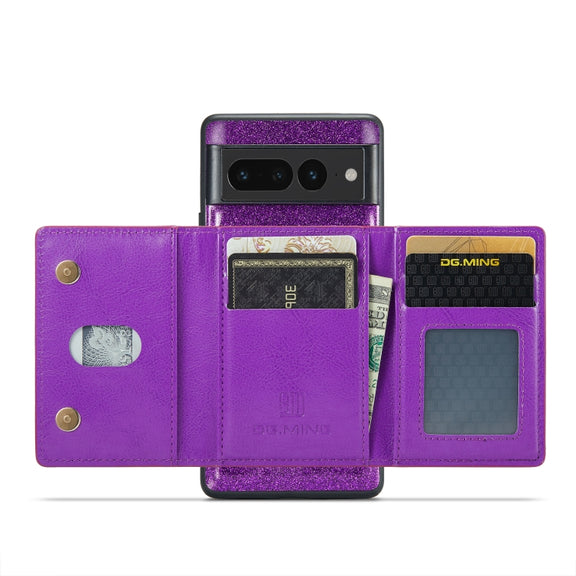 For Google Pixel 7 Pro DG.MING M3 Series Glitter Powder Card Bag Leather Case(Dark Purple)