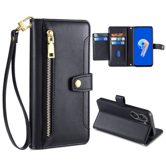 For ASUS Zenfone 9 / Zenfone 9Z Sheep Texture Cross-body Zipper Wallet Leather Phone Case(Black)
