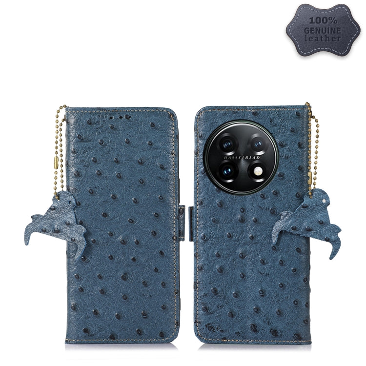 For OnePlus 11 5G Ostrich Pattern Genuine Leather RFID Phone Case(Blue)