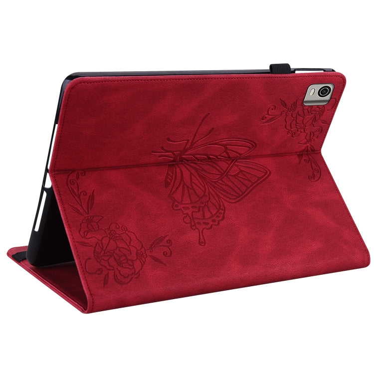 For Nokia T21 Butterfly Flower Embossed Leather Tablet Case(Red)