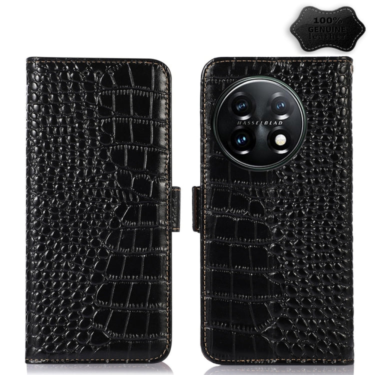 For OnePlus 11 5G Crocodile Top Layer Cowhide RFID Leather Phone Case(Black)