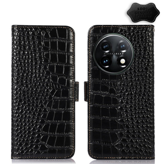 For OnePlus 11 5G Crocodile Top Layer Cowhide RFID Leather Phone Case(Black)