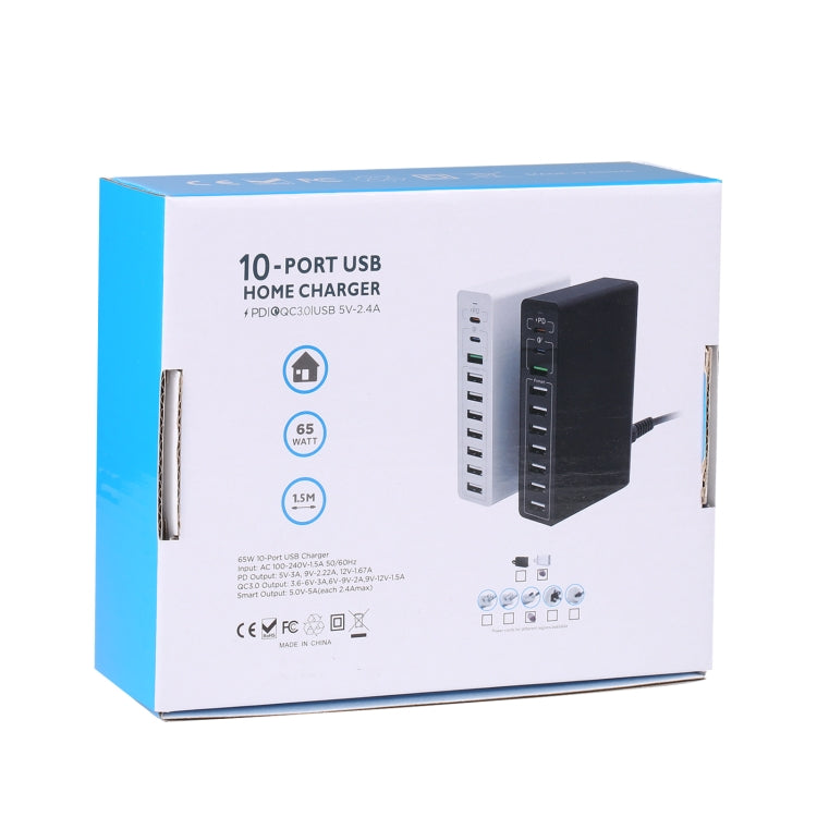 MFT-03Q 10 in 1 65W QC3.0 USB Smart Fast Charger, Plug Type:US Plug(Black)