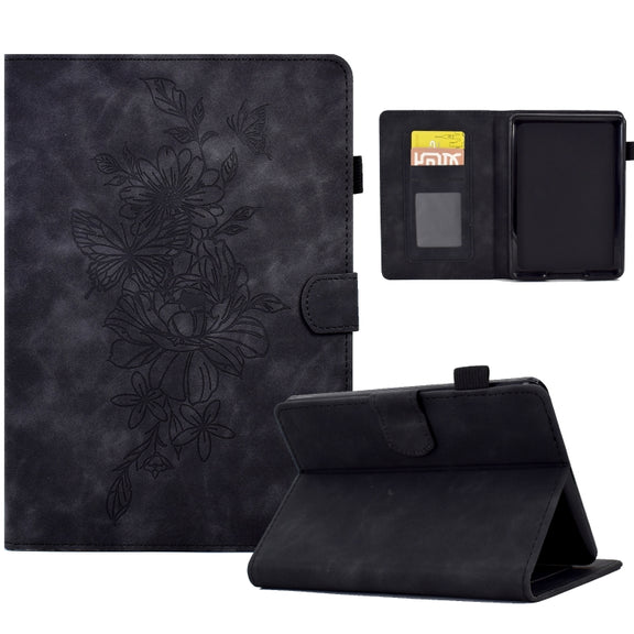 For Amazon Kindle 11th 2024 / 2022 Peony Butterfly Embossed Leather Smart Tablet Case(Black)