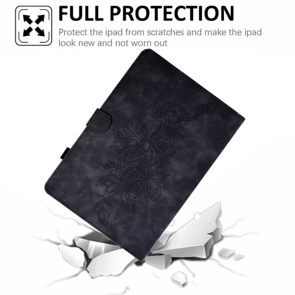 For Amazon Kindle 11th 2024 / 2022 Peony Butterfly Embossed Leather Smart Tablet Case(Black)