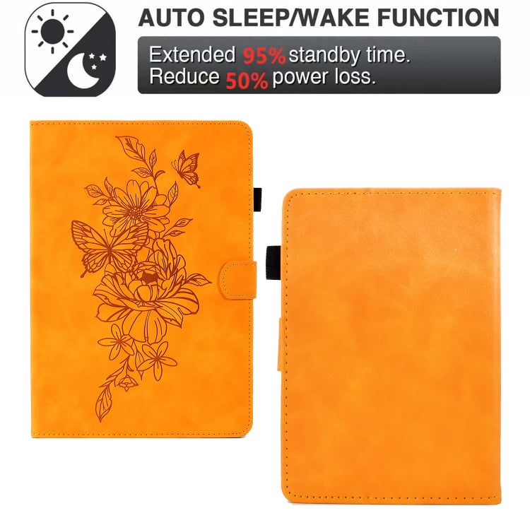 For Amazon Kindle 11th 2022 Peony Butterfly Embossed Leather Smart Tablet Case(Khaki)