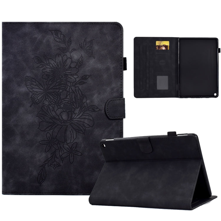 For Amazon Kindle Fire HD10 2021 Peony Butterfly Embossed Leather Smart Tablet Case(Black)