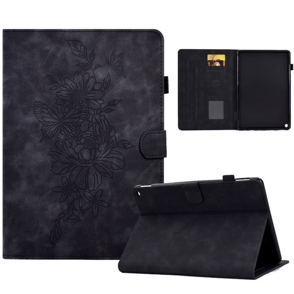 For Amazon Kindle Fire HD10 2021 Peony Butterfly Embossed Leather Smart Tablet Case(Black)