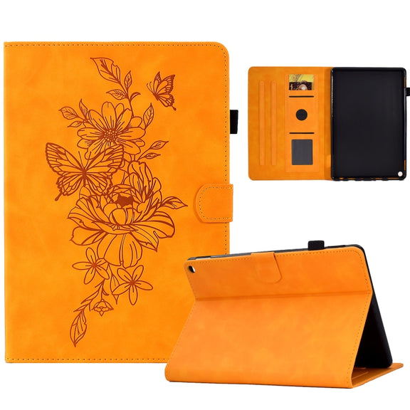 For Amazon Kindle Fire HD10 2021 Peony Butterfly Embossed Leather Smart Tablet Case(Khaki)