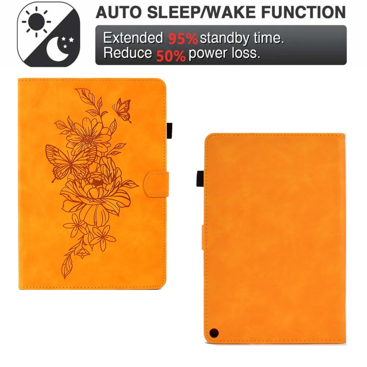 For Amazon Kindle Fire HD10 2021 Peony Butterfly Embossed Leather Smart Tablet Case(Khaki)