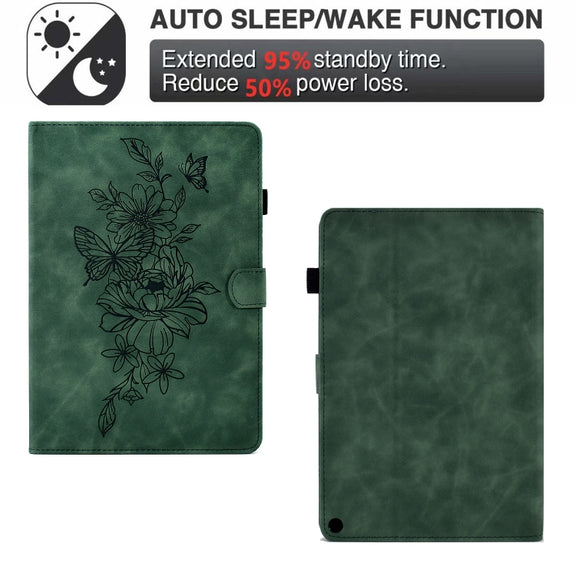 For Amazon Kindle Fire HD8 2022 Peony Butterfly Embossed Leather Smart Tablet Case(Green)