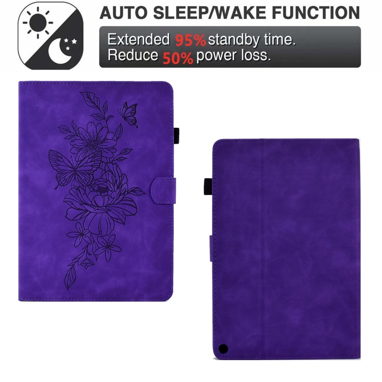 For Amazon Kindle Fire HD8 2022 Peony Butterfly Embossed Leather Smart Tablet Case(Purple)