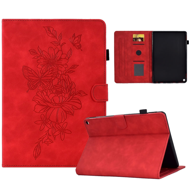 For Amazon Kindle Fire HD8 2022 Peony Butterfly Embossed Leather Smart Tablet Case(Red)
